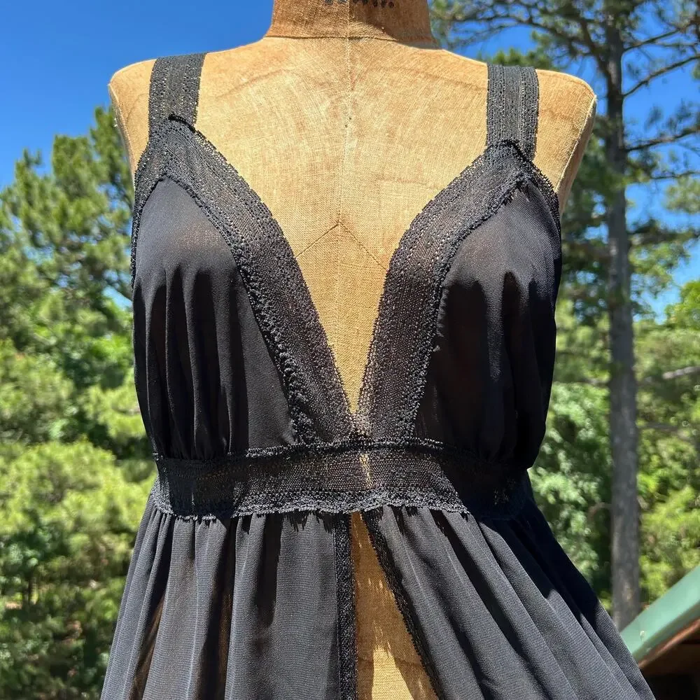 Vintage 80s/90s Black Sheer Chiffon Deep V Maxi Boho Grecian Goth Negligee Gown - Picture 6 of 9